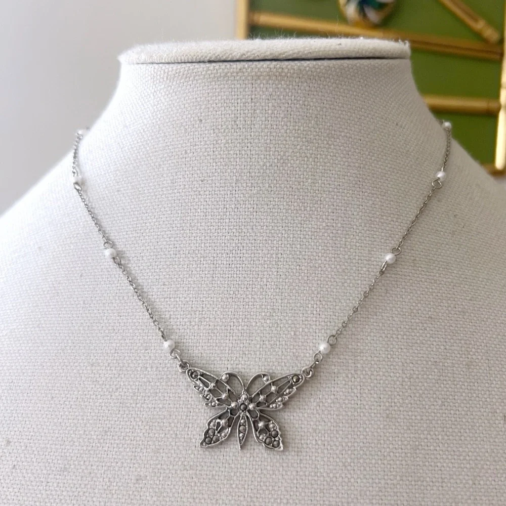 1928 Jewelry Butterfly Necklace Silver Tone with Marcasite & Faux Pearls 00s Y2K